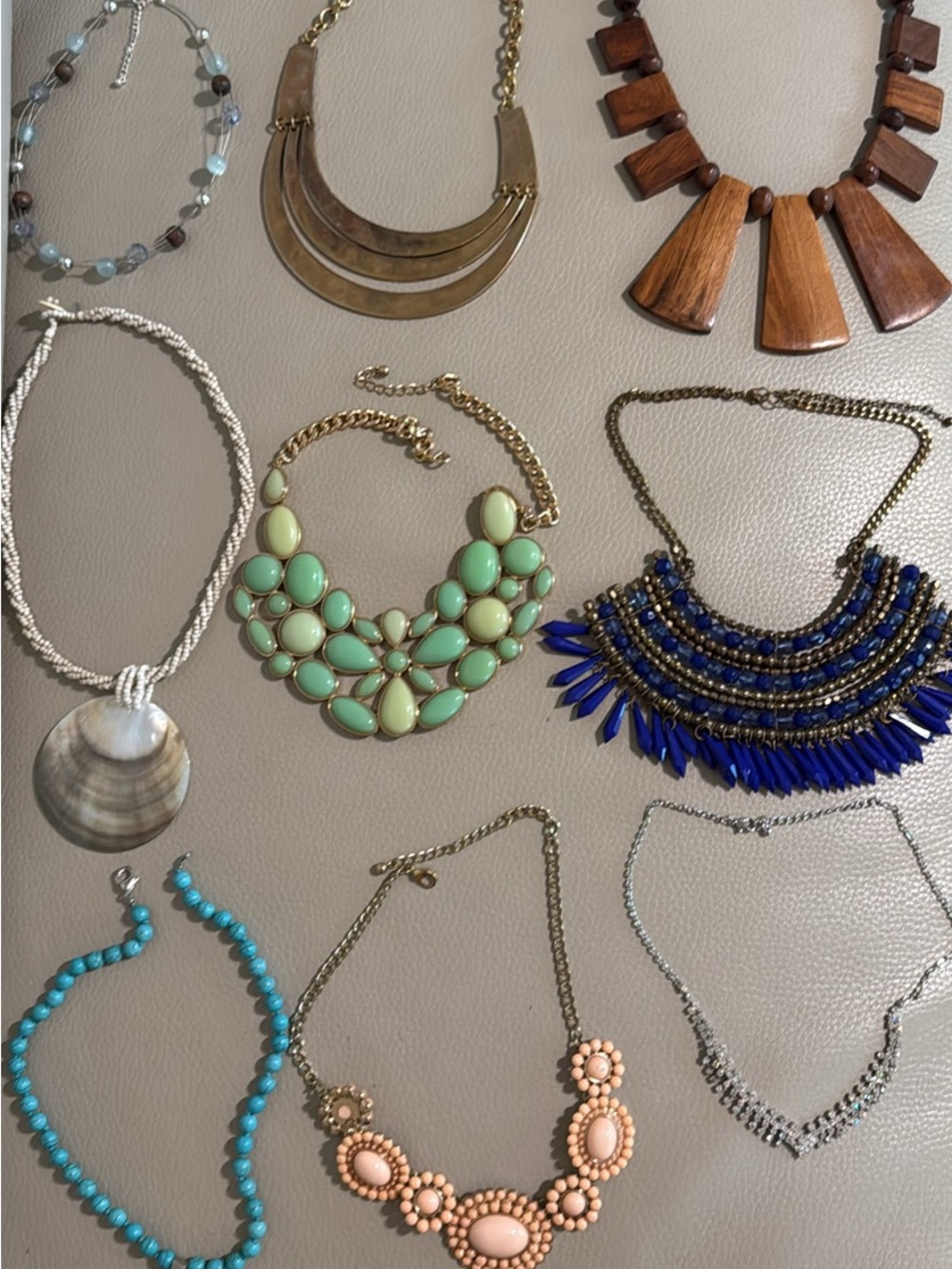 Set 9 costume jewelry necklace bead wood rhinestone shell gold silver